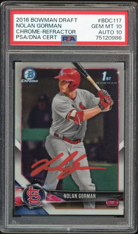 2018 Bowman Chrome Refractor Nolan Gorman RC Red Ink PSA 10/10 Auto GEM MINT