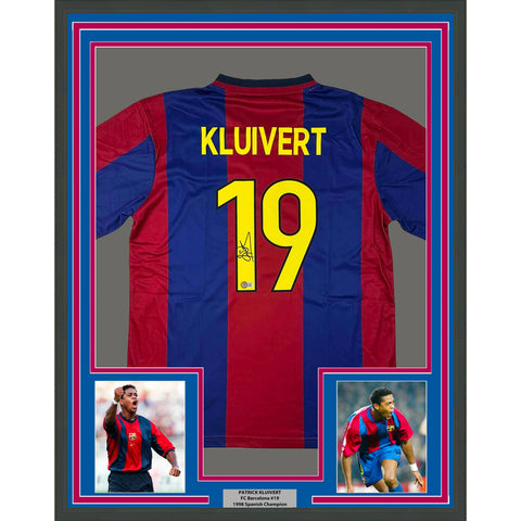 Framed Autographed/Signed Patrick Kluivert 33x42 Blue Soccer Jersey BAS COA