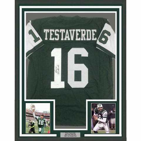 FRAMED Autographed/Signed VINNY TESTAVERDE 33x42 New York Green Jersey JSA COA