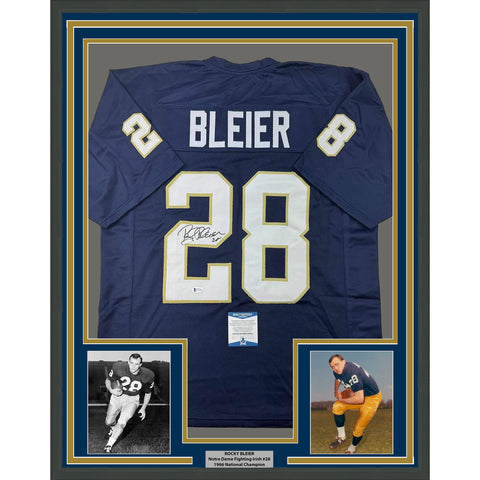 Framed Autographed/Signed Rocky Bleier 33x42 Notre Dame Blue Jersey JSA COA