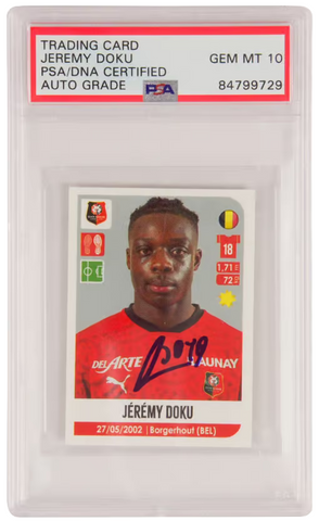 Jeremy Doku Signed 2020-21 Panini Foot Sticker #468 - PSA 10 Autograph