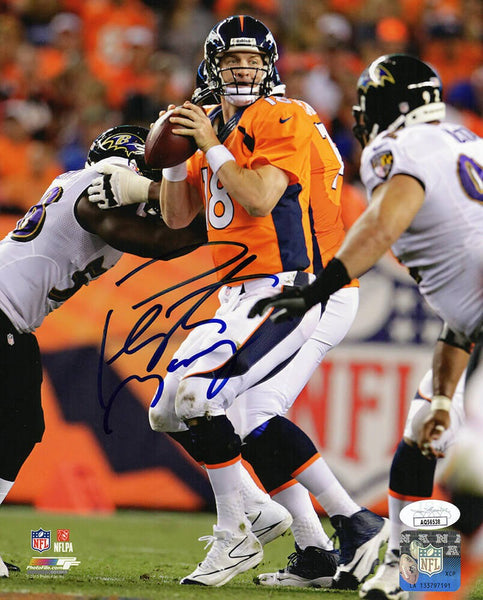 Peyton Manning Signed Broncos Orange Jersey Action vs Ravens 8x10 Photo -JSA COA