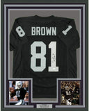 Framed Autographed/Signed Tim Brown 33x42 Oakland Black Football Jersey JSA COA