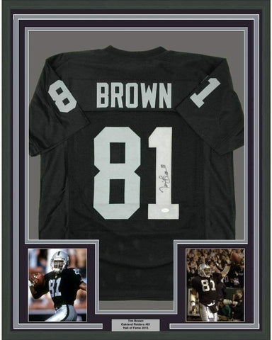 Framed Autographed/Signed Tim Brown 33x42 Oakland Black Football Jersey JSA COA