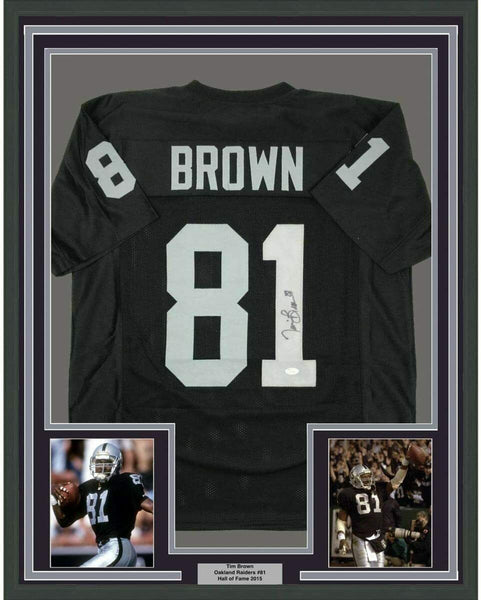 Framed Autographed/Signed Tim Brown 33x42 Oakland Black Football Jersey JSA COA