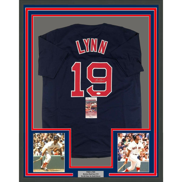FRAMED Autographed/Signed FRED LYNN 35x39 Boston Blue Jersey JSA COA