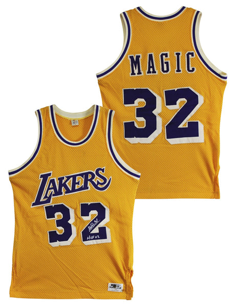 Lakers Magic Johnson "HOF 02" Signed Yellow MacGregor Sand-Knit Jersey BAS Wit 5