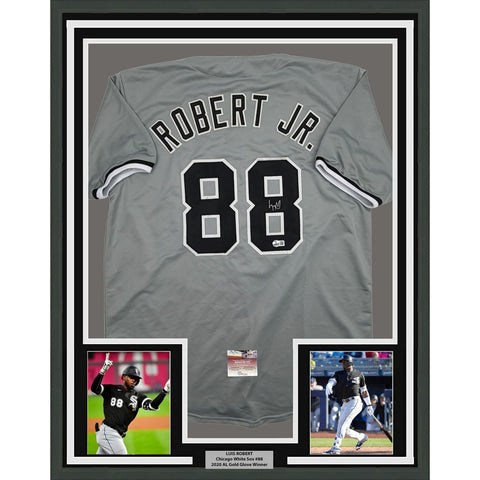 Framed Autographed/Signed Luis Robert 35x39 Chicago Grey Jersey Beckett COA