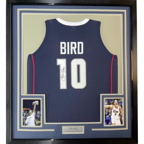 Framed Autographed/Signed Sue Bird 35x39 UConn Blue College Jersey JSA COA