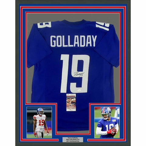 FRAMED Autographed/Signed KENNY GOLLADAY 33x42 New York Blue Jersey JSA COA