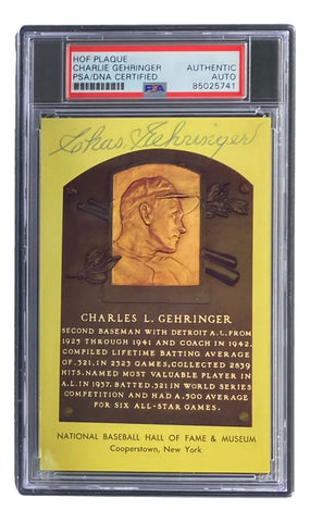 Charlie Gehringer Signed 4x6 Detroit Tigers HOF Plaque Card PSA/DNA 85025741