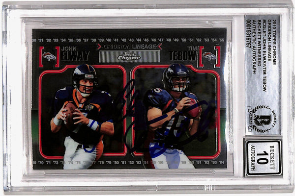 John Elway & Tim Tebow Signed 2010 Chrome Gridiron Trading Card BAS Slab 40768