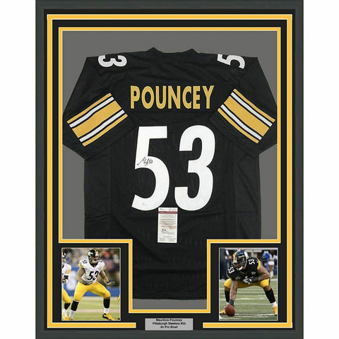 FRAMED Autographed/Signed MAURKICE POUNCEY 33x42 Pittsburgh Black Jersey JSA COA