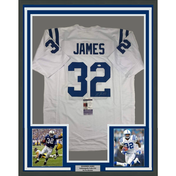 Framed Autographed/Signed Edgerrin James 33x42 Indianapolis White Jersey JSA COA
