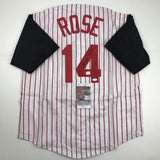 Autographed/Signed PETE ROSE Cincinnati Pinstripe Jersey JSA COA Auto