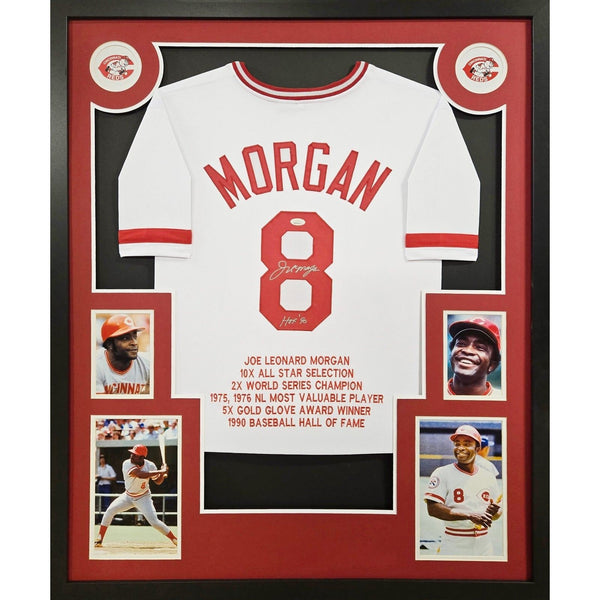 Joe Morgan Autographed Signed Framed White Stat Cincinnati Reds Jersey JSA