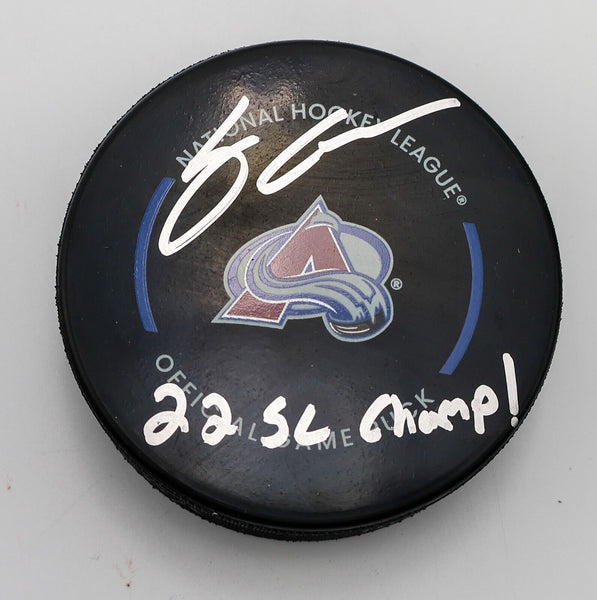 Logan O'Connor Autographed Avalanche Game Hockey Puck Inscribed 22 SC Champ LSM