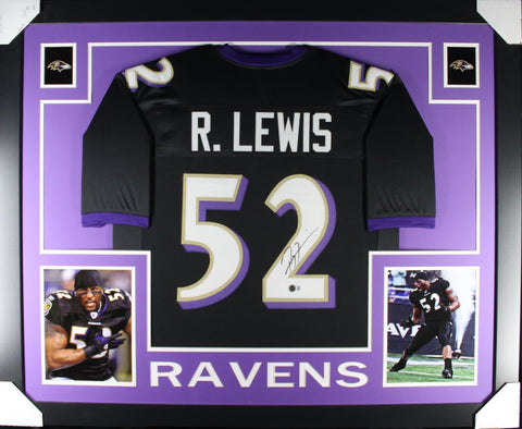 Ray Lewis Autographed/Signed Pro Style Black XL Framed Jersey Beckett 51226