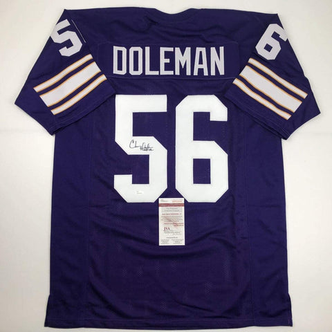 Autographed/Signed Chris Doleman HOF 12 Minnesota Purple Football Jersey JSA COA