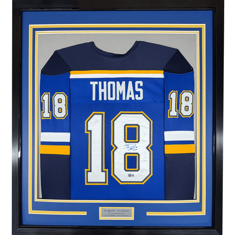 Framed Autographed/Signed Robert Thomas 35x39 St. Louis Blue Jersey BAS COA