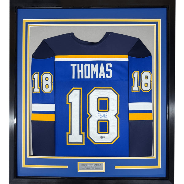 Framed Autographed/Signed Robert Thomas 35x39 St. Louis Blue Jersey BAS COA