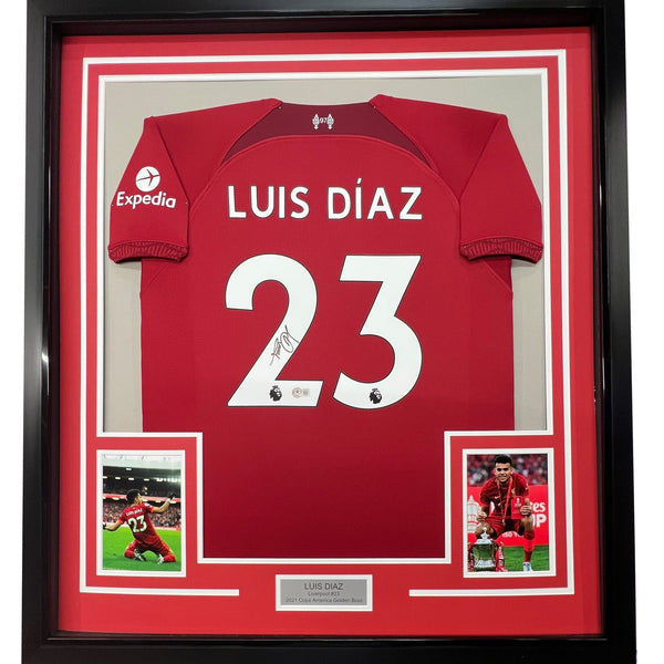 Framed Autographed/Signed Luis Diaz 35x39 Liverpool Red Jersey BAS COA