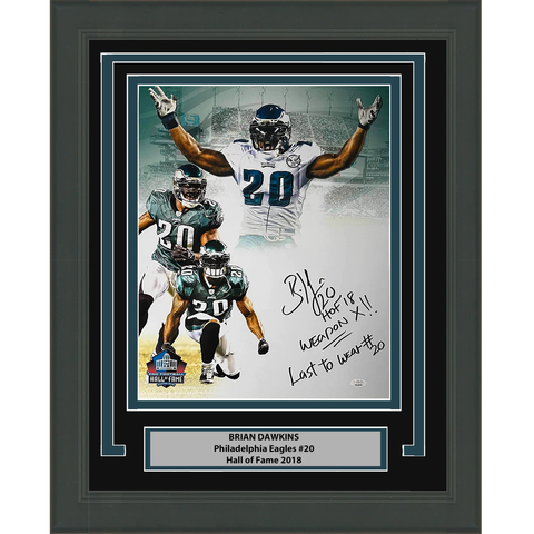 Framed Autographed/Signed Brian Dawkins 3x Inscribed HOF 18 16x20 Photo JSA COA