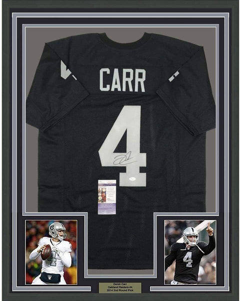 Framed Autographed/Signed Derek Carr 33x42 Las Vegas Oakland Black Football Jers