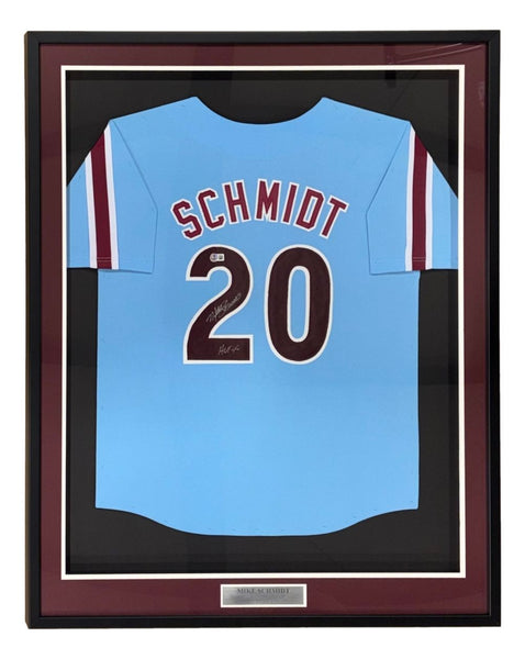 Mike Schmidt Philadelphia Signed Framed Blue Baseball Jersey HOF 95 BAS