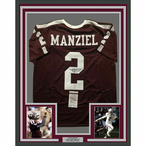 FRAMED Autographed/Signed JOHNNY MANZIEL 33x42 Texas A&M Maroon Jersey JSA COA