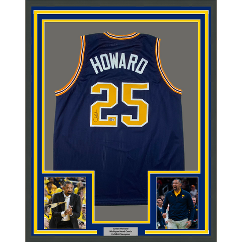 Framed Autographed/Signed Juwan Howard 33x42 Michigan Blue Jersey Beckett COA