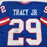 Autographed/Signed Tyrone Tracy Jr. New York Blue Football Jersey Beckett COA #2