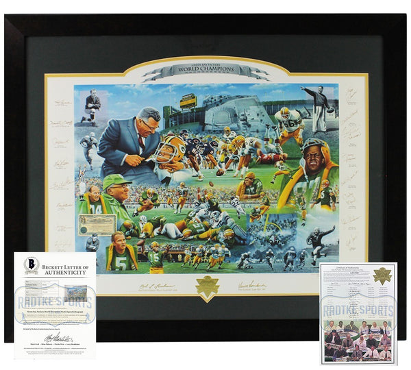 Signed Green Bay Packers Framed World Champion Lithograph Print-B Favre, B Starr