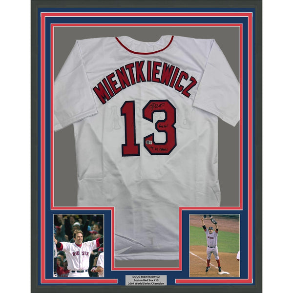 Framed Autographed/Signed Doug Mientkiewicz 35x39 Boston White Jersey COA