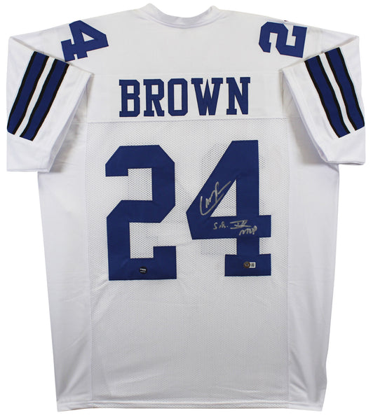 Larry Brown "SB XXX MVP" Authentic Signed White Pro Style Jersey BAS Witnessed