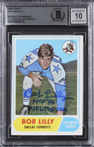 Cowboys Bob Lilly "2x Insc." Signed 1968 Topps #181 Card Auto 10! BAS Slabbed