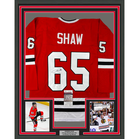 Framed Autographed/Signed Andrew Shaw 35x39 Chicago Red Hockey Jersey JSA COA