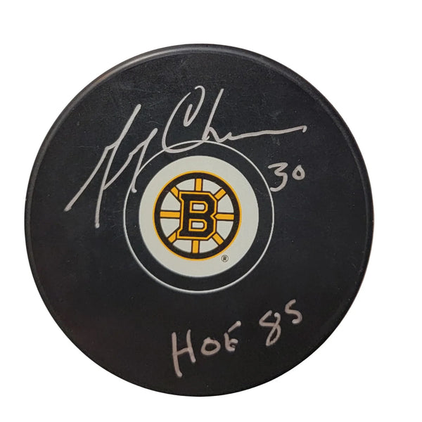 Gerry Cheevers Autographed Boston Bruins Logo Hockey Puck W/HOF 85 JSA Witnessed