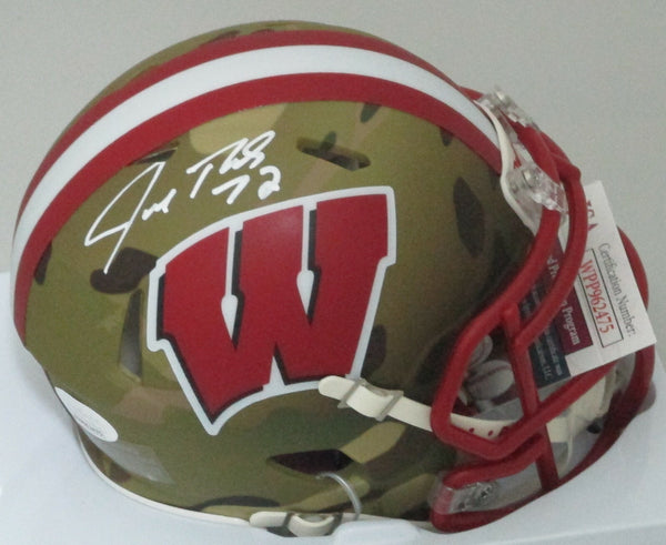 Badgers JOE THOMAS Signed Riddell CAMO Speed Mini Helmet AUTO chof - JSA