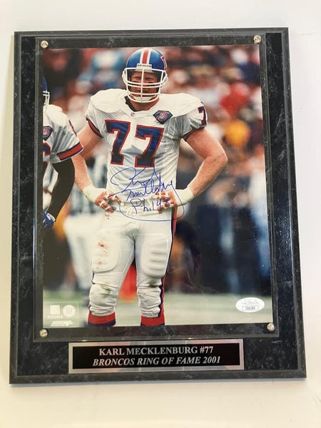 Karl Mecklenburg Autographed/Inscribed Denver Broncos 8x10 Photo w/ Plaque JSA