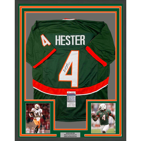 Framed Autographed/Signed Devin Hester 35x39 Miami Green College Football Jersey