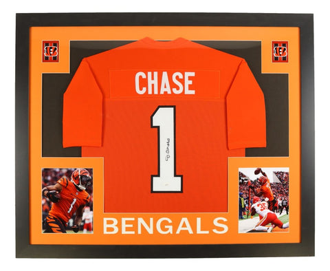 Ja'Marr Chase Cincinnati Signed Framed Orange Football Jersey JSA Hologram