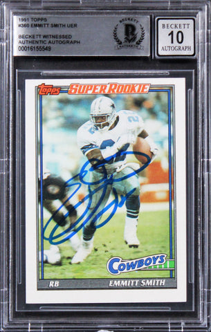 Cowboys Emmitt Smith Authentic Signed 1991 Topps #360 Card Auto 10! BAS Slabbed