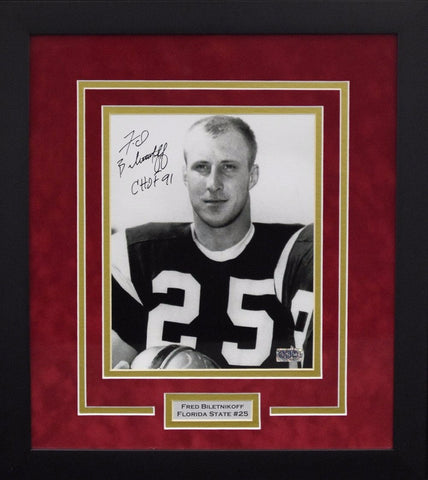 FRED BILETNIKOFF SIGNED FLORIDA STATE SEMINOLES 8x10 FRAMED PHOTO W/ CHOF 91