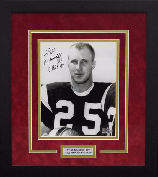 FRED BILETNIKOFF SIGNED FLORIDA STATE SEMINOLES 8x10 FRAMED PHOTO W/ CHOF 91