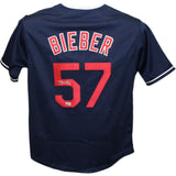 Shane Bieber Autographed/Signed Pro Style sz XL Navy Jersey Beckett 43408