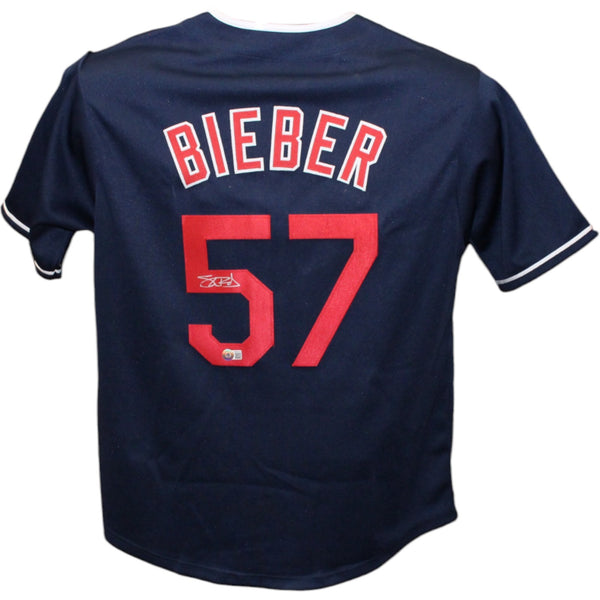 Shane Bieber Autographed/Signed Pro Style sz XL Navy Jersey Beckett 43408