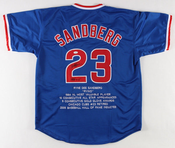 Ryne Sandberg Signed Chicago Cubs Career Stat Jersey Inscribed "HOF 05"(JSA COA)