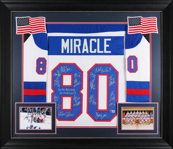 1980 USA Hockey 18 Autos Craig, Eruzione, Broten Signed White Framed Jersey BAS