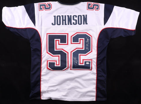 Ted Johnson Signed New England Jersey Inscribed "3xS B Champ!" (JSA) Linebacker
